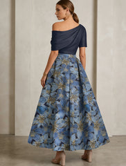 A Line Princess One Shoulder Satin Mother Of The Bride Dresses Floral Short Sleeves Ankle Length