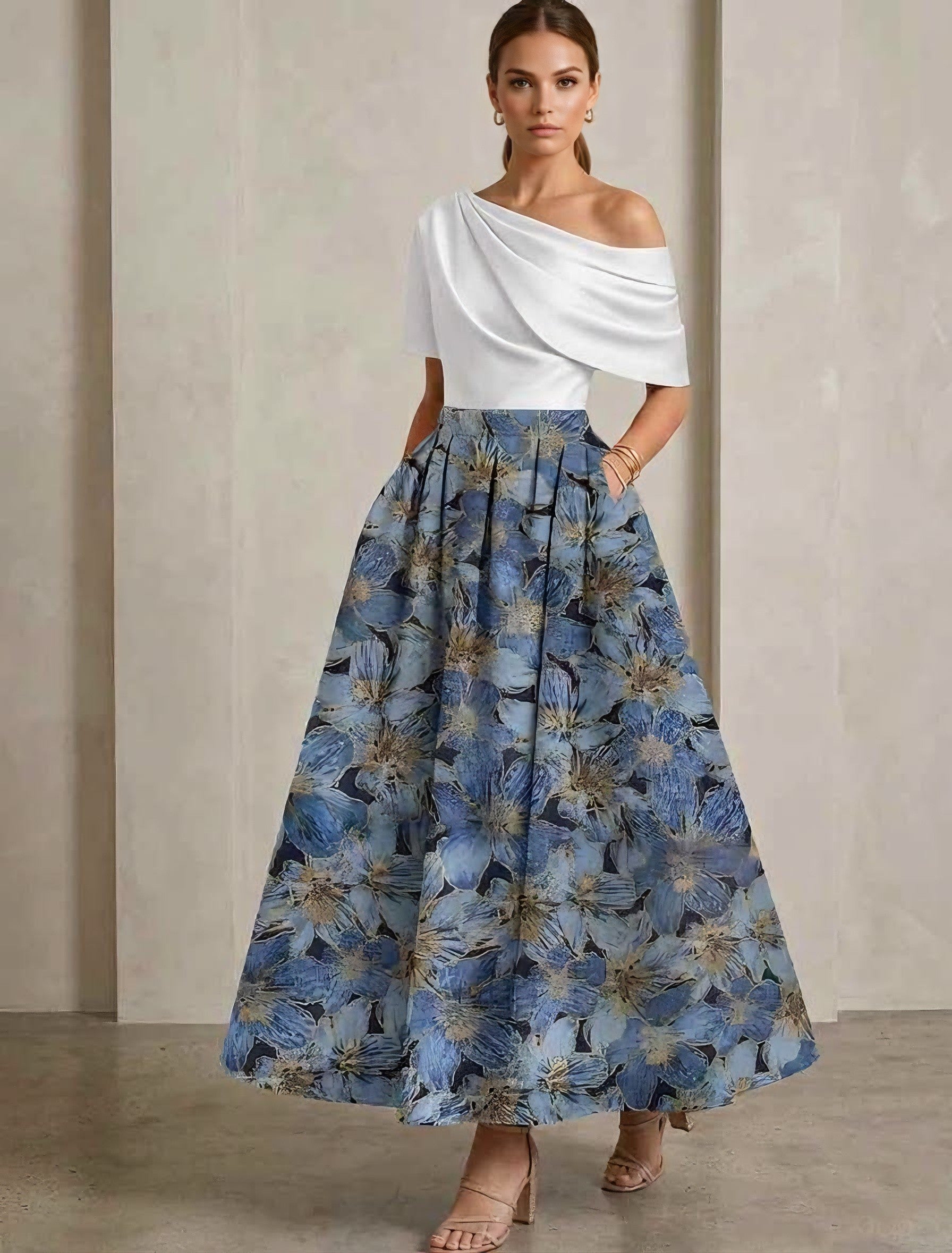 A Line Princess One Shoulder Satin Mother Of The Bride Dresses Floral Short Sleeves Ankle Length