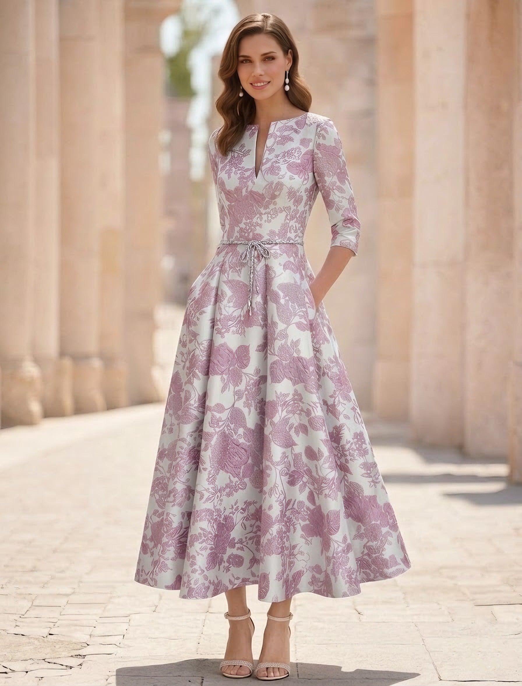 A Line Princess V Neck Jacquard Mother Of The Bride Dresses Floral Tea Length Half Sleeves Ruffles