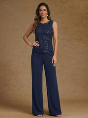 3 Pieces Chiffon Scoop Mother Of The Bride Pantsuits With Jacket Sequins Long Sleeves Floor Length