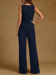 3 Pieces Chiffon Scoop Mother Of The Bride Pantsuits With Jacket Sequins Long Sleeves Floor Length