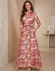A Line Princess Shirt Collar Satin Mother Of The Bride Dresses Floral 3 4 Sleeves Ankle Length Belt