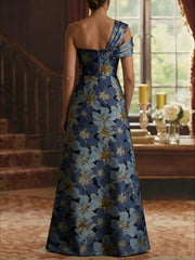 A Line Princess One Shoulder Jacquard Mother Of The Bride Dresses Floral Floor Length Sleeveless