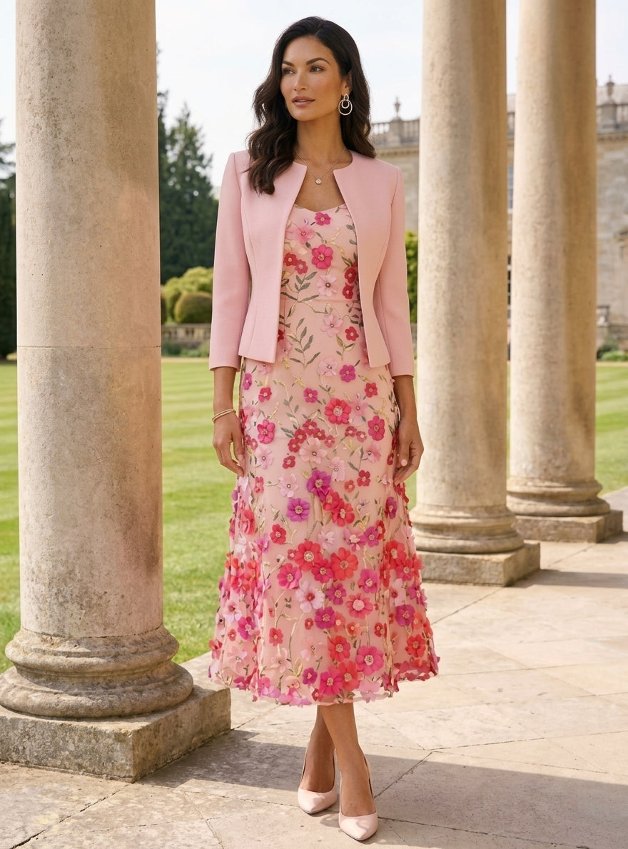 A Line Princess Scoop Stretch Satin Mother Of The Bride Dresses With Jacket Lace Embroidery Floral Tea Length 3 4 Sleeves