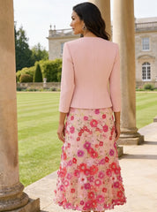 A Line Princess Scoop Stretch Satin Mother Of The Bride Dresses With Jacket Lace Embroidery Floral Tea Length 3 4 Sleeves