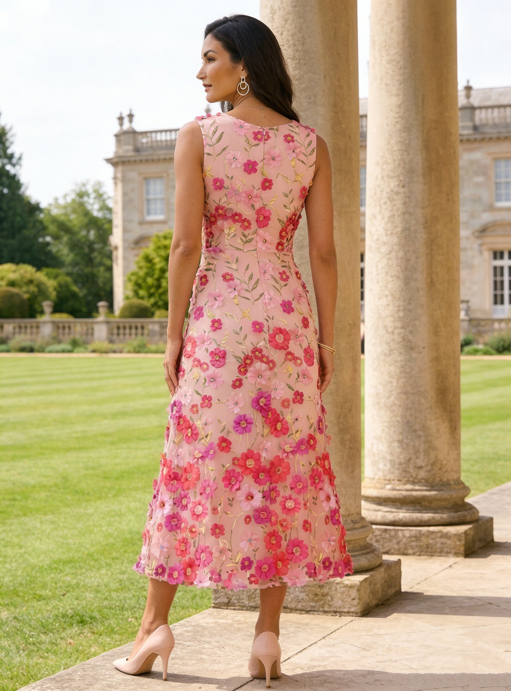 A Line Princess Scoop Stretch Satin Mother Of The Bride Dresses With Jacket Lace Embroidery Floral Tea Length 3 4 Sleeves