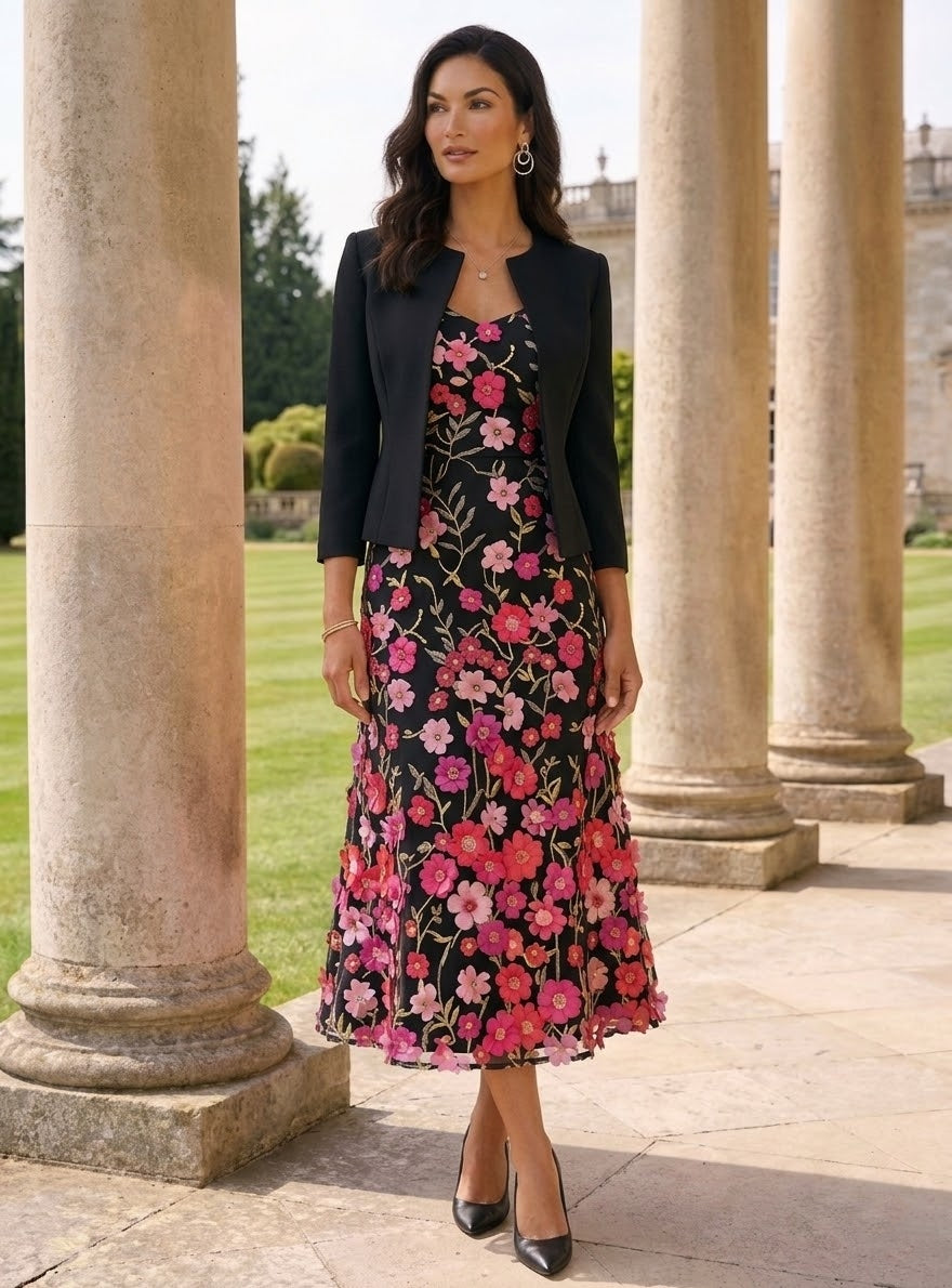 A Line Princess Scoop Stretch Satin Mother Of The Bride Dresses With Jacket Lace Embroidery Floral Tea Length 3 4 Sleeves