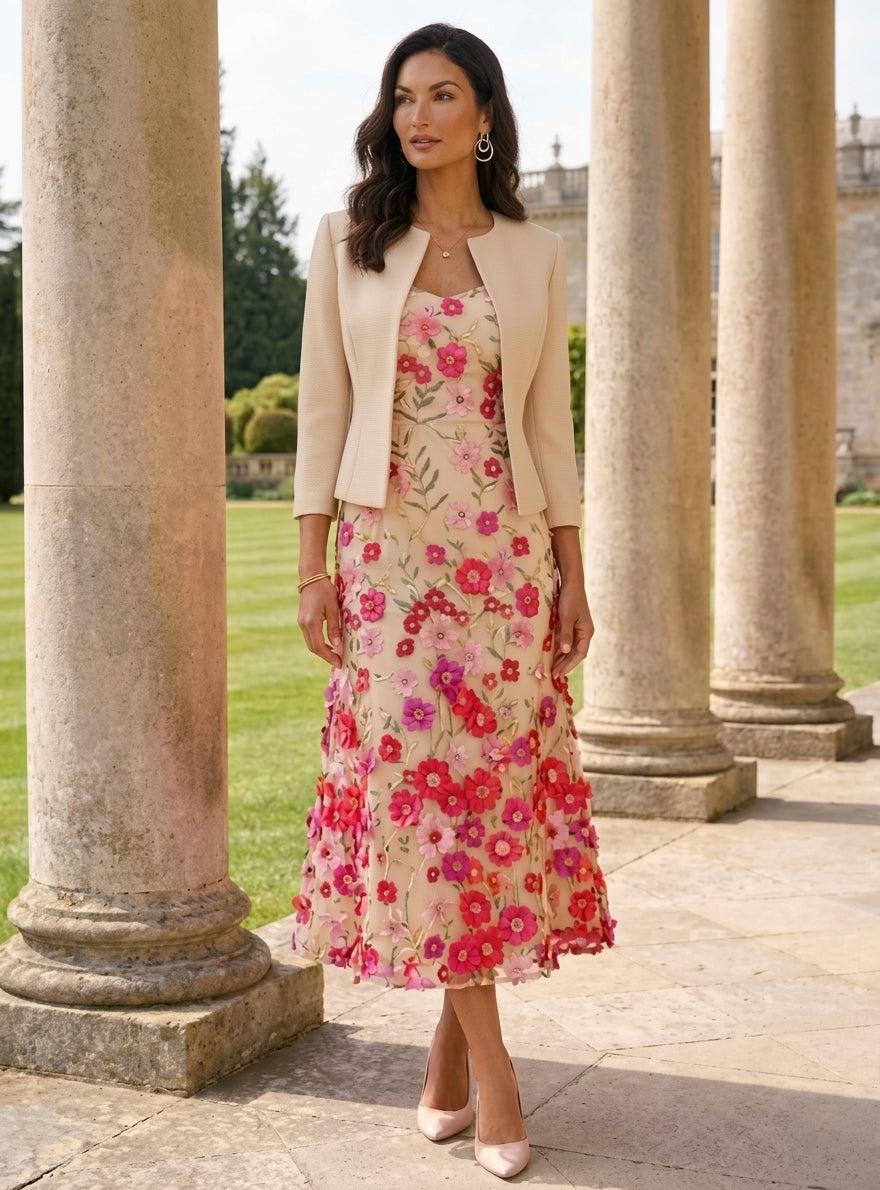 A Line Princess Scoop Stretch Satin Mother Of The Bride Dresses With Jacket Lace Embroidery Floral Tea Length 3 4 Sleeves