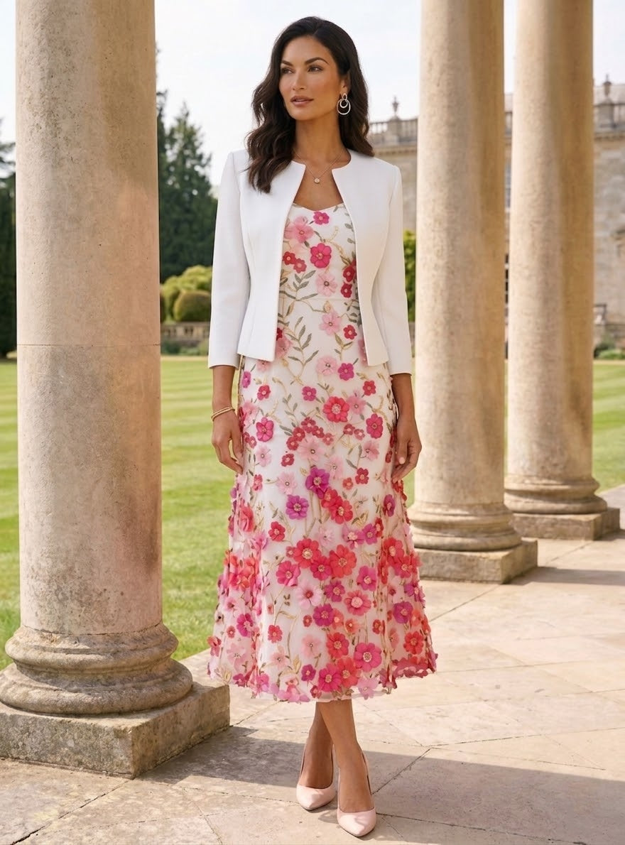 A Line Princess Scoop Stretch Satin Mother Of The Bride Dresses With Jacket Lace Embroidery Floral Tea Length 3 4 Sleeves