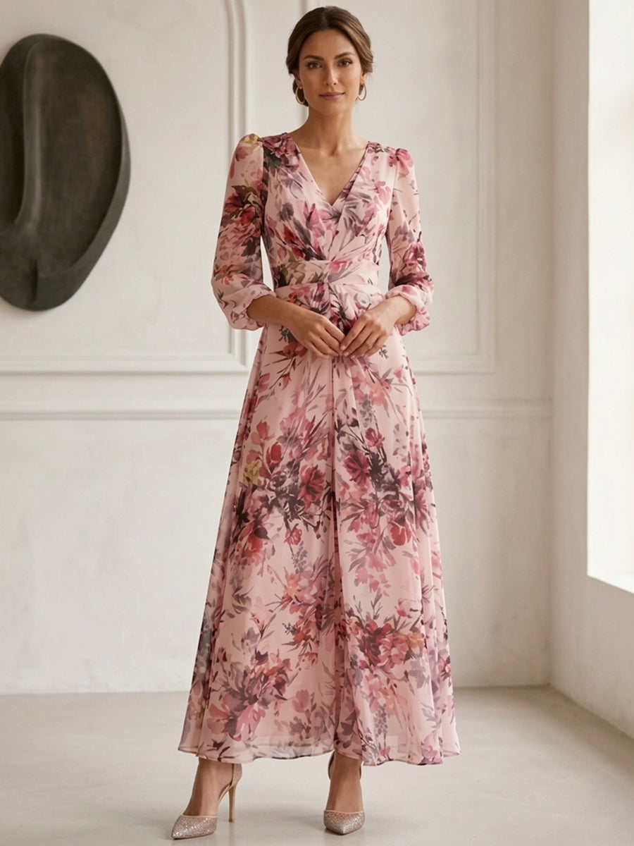 A-Line/Princess V-Neck Chiffon Mother of the Bride Dresses Floral Ankle-Length 3/4 Sleeves