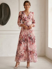 A Line Princess V Neck Chiffon Mother Of The Bride Dresses Floral Ankle Length 3 4 Sleeves