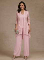 3 Pieces Suit V Neck Chiffon Mother Of The Bride Pantsuits With Jacket Lace Ankle Length 3 4 Sleeves