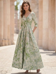 A Line Princess V Neck Jacquard Mother Of The Bride Dresses Ankle Length 3 4 Sleeves Floral