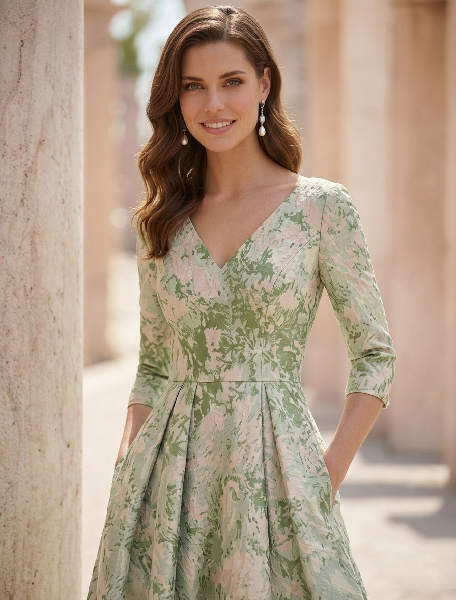 A Line Princess V Neck Jacquard Mother Of The Bride Dresses Ankle Length 3 4 Sleeves Floral