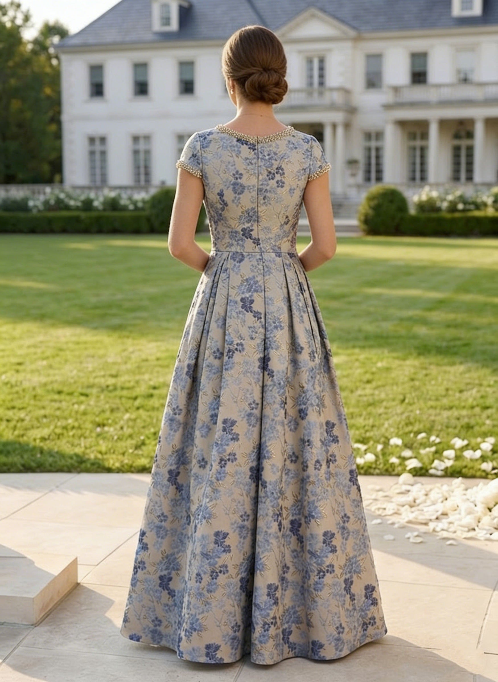 A Line Princess Scoop Jacquard Mother Of The Bride Dresses Floral Short Sleeves Floor Length Beading