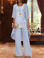3 Pieces Suit Chiffon Mother Of The Bride Pantsuits With Jacket Scoop 3 4 Sleeves Ankle Length Lace