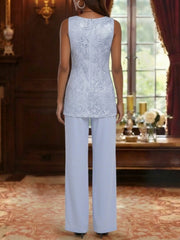 3 Pieces Suit Chiffon Mother Of The Bride Pantsuits With Jacket Scoop 3 4 Sleeves Ankle Length Lace