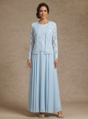 3 Pieces Suit A Line Princess Scoop Chiffon Mother Of The Bride Dresses With Jacket Lace Floral Ankle Length Long Sleeves