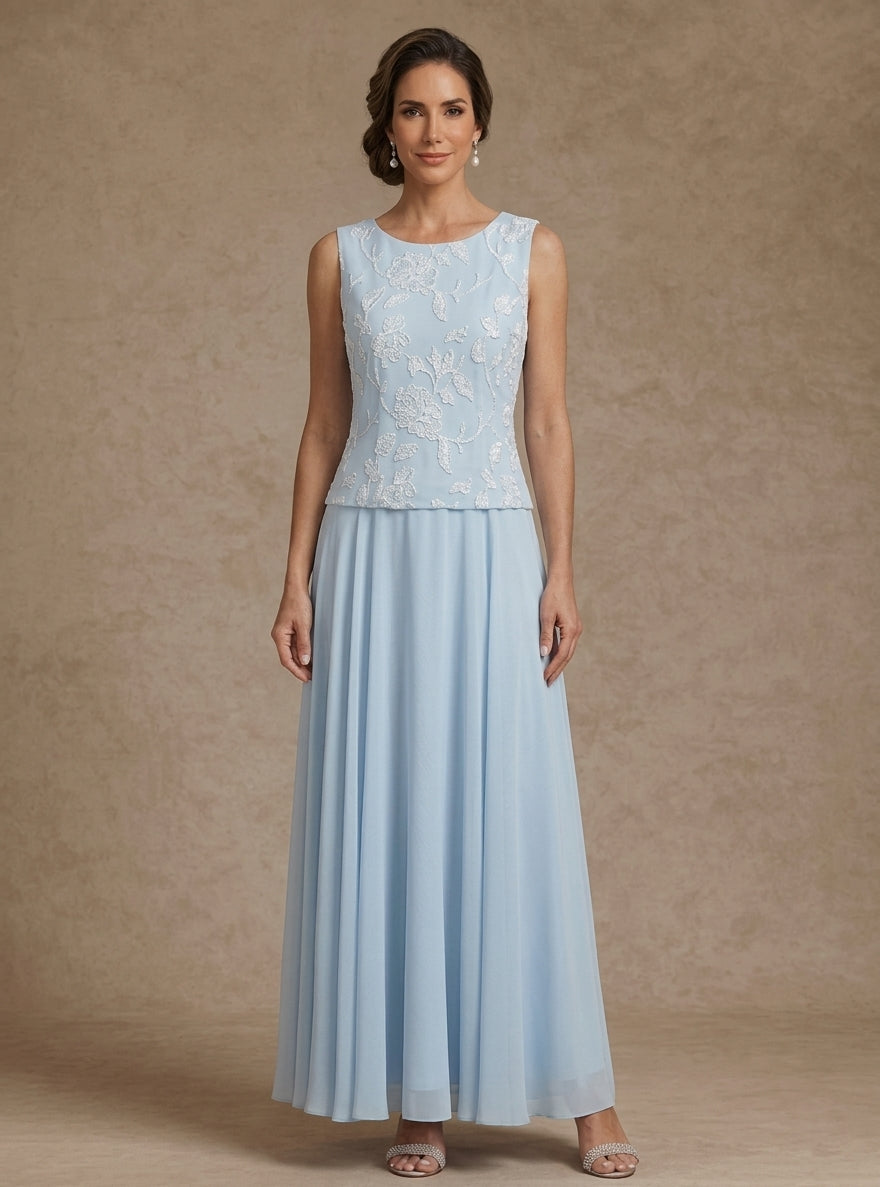 3 Pieces Suit A Line Princess Scoop Chiffon Mother Of The Bride Dresses With Jacket Lace Floral Ankle Length Long Sleeves