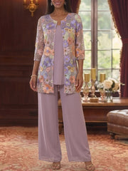 3 Pieces Suit Scoop Chiffon Mother Of The Bride Pantsuits With Jacket Half Sleeves Lace Floral Ankle Length