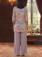 3 Pieces Suit Scoop Chiffon Mother Of The Bride Pantsuits With Jacket Half Sleeves Lace Floral Ankle Length