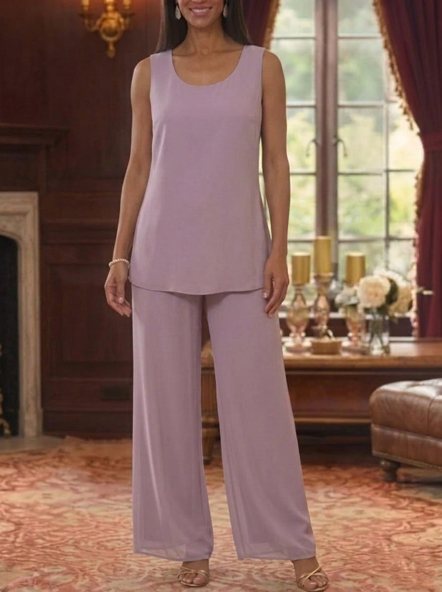 3 Pieces Suit Scoop Chiffon Mother Of The Bride Pantsuits With Jacket Half Sleeves Lace Floral Ankle Length