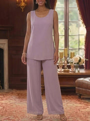 3 Pieces Suit Scoop Chiffon Mother Of The Bride Pantsuits With Jacket Half Sleeves Lace Floral Ankle Length