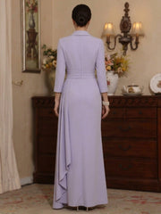 Sheath Column V Neck Stretch Satin Mother Of The Bride Dresses With Watteau Train 3 4 Sleeves Ankle Length