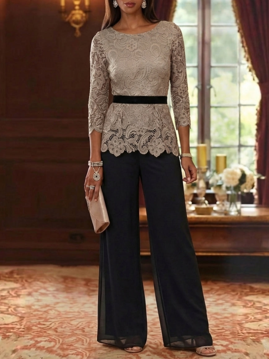2 Piece Scoop Chiffon Mother of the Bride Pantsuits Lace 3/4 Sleeves Ankle-Length Belt