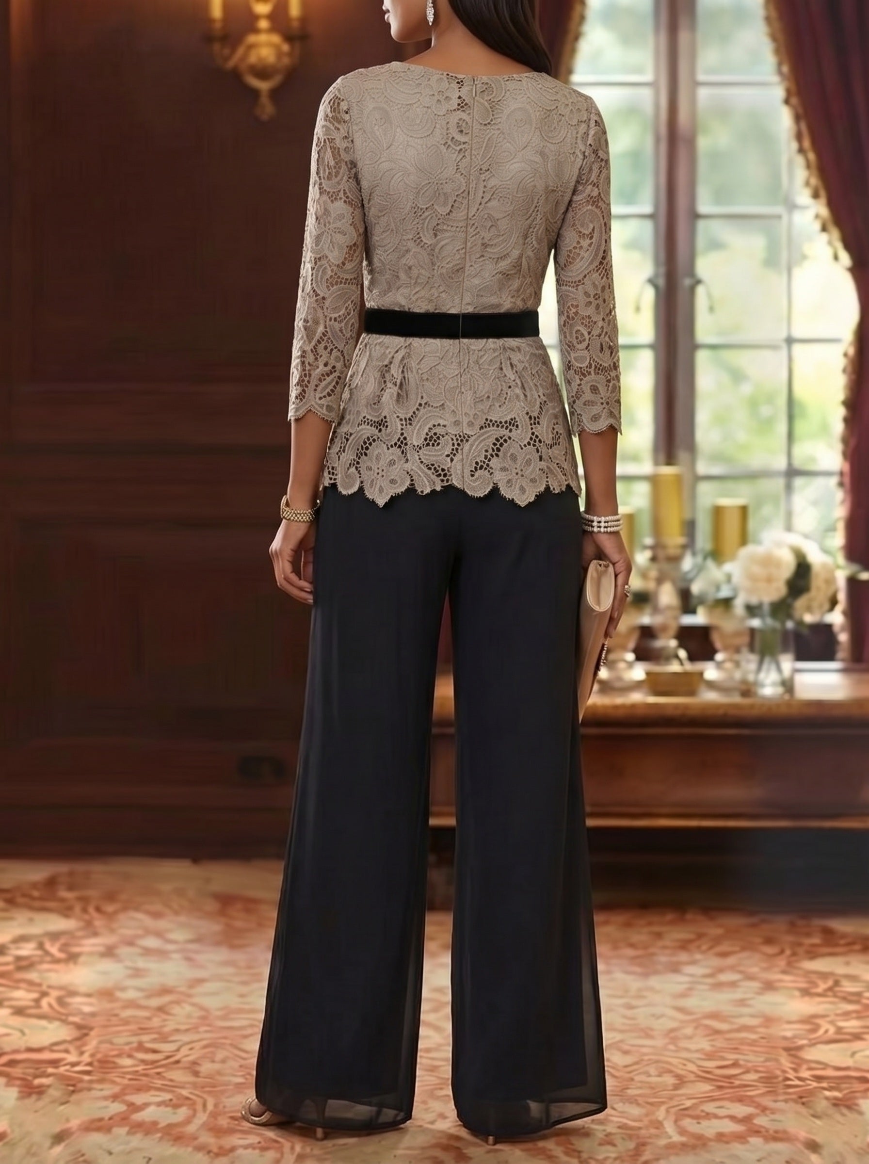 2 Piece Scoop Chiffon Mother Of The Bride Pantsuits Lace 3 4 Sleeves Ankle Length Belt