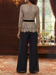 2 Piece Scoop Chiffon Mother Of The Bride Pantsuits Lace 3 4 Sleeves Ankle Length Belt