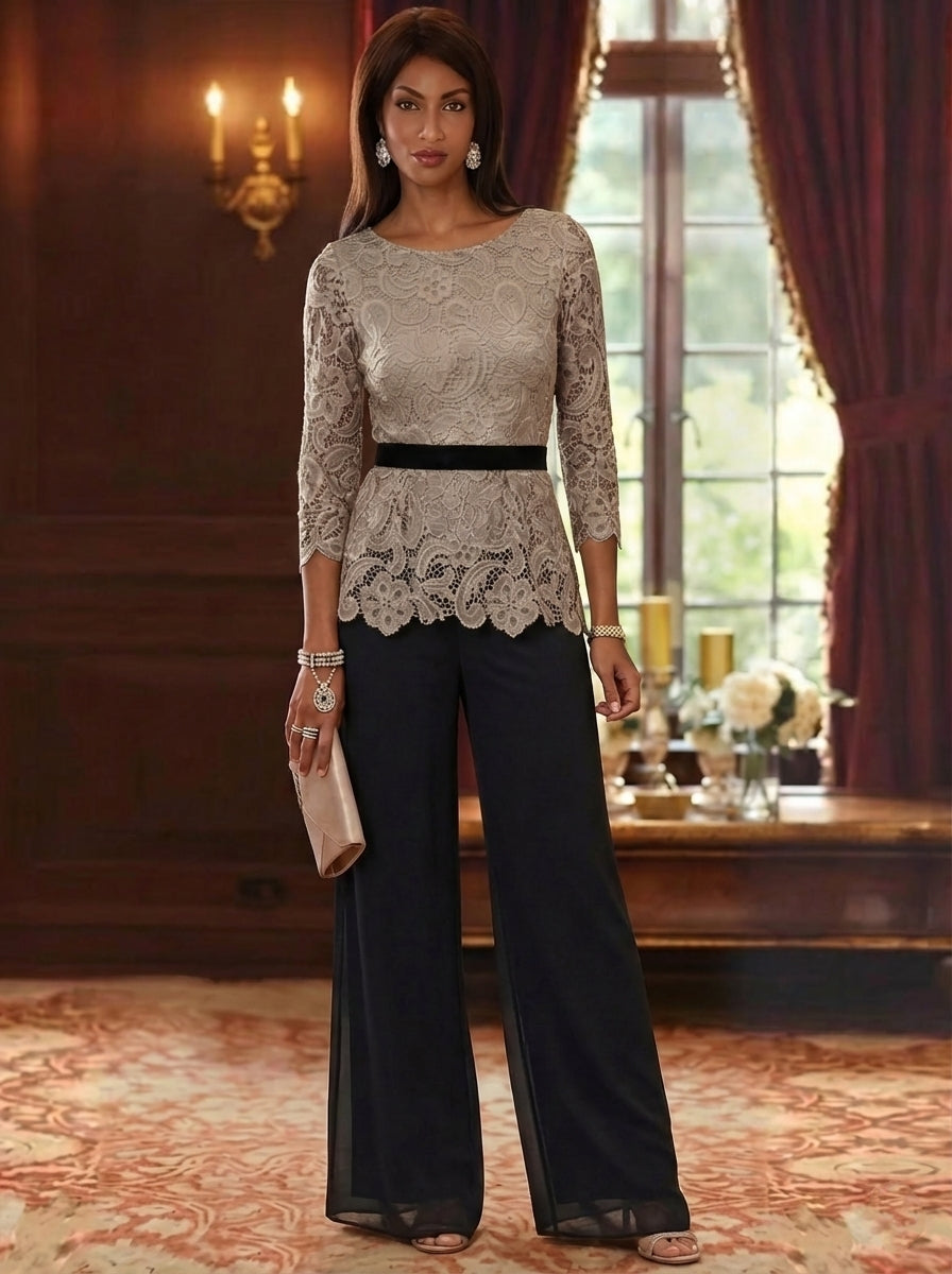 2 Piece Scoop Chiffon Mother Of The Bride Pantsuits Lace 3 4 Sleeves Ankle Length Belt