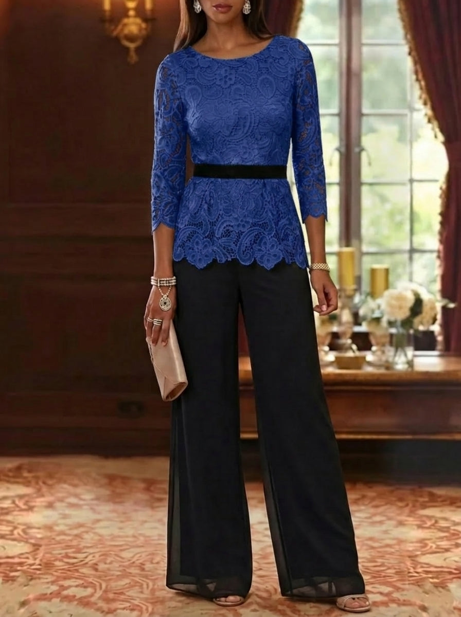 2 Piece Scoop Chiffon Mother Of The Bride Pantsuits Lace 3 4 Sleeves Ankle Length Belt