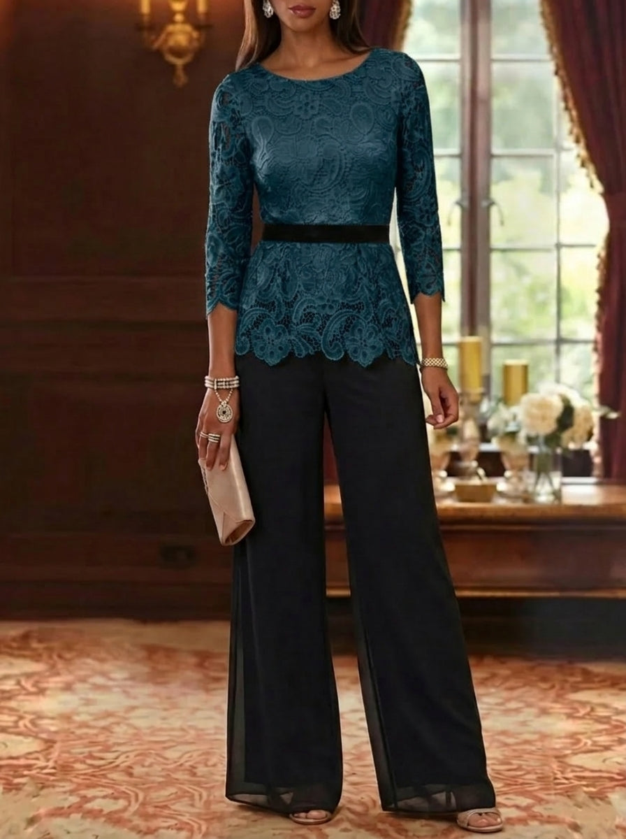 2 Piece Scoop Chiffon Mother Of The Bride Pantsuits Lace 3 4 Sleeves Ankle Length Belt