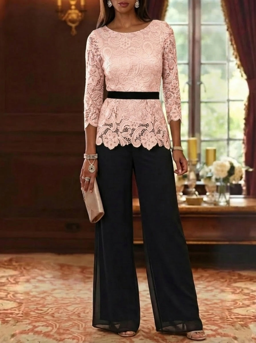 2 Piece Scoop Chiffon Mother Of The Bride Pantsuits Lace 3 4 Sleeves Ankle Length Belt