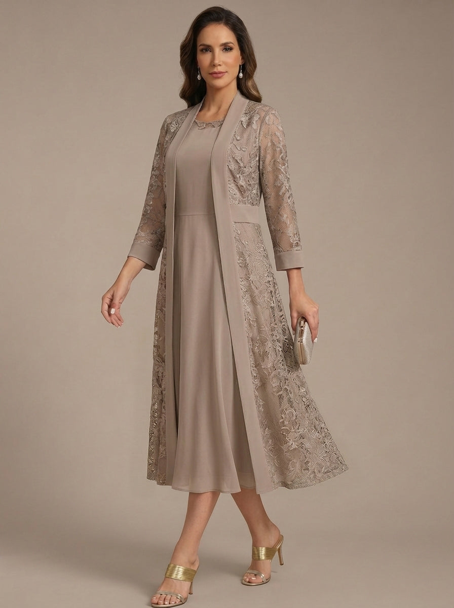 A Line Princess Scoop Chiffon Mother Of The Bride Dresses With Lace Jacket 3 4 Sleeves Tea Length