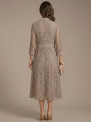 A Line Princess Scoop Chiffon Mother Of The Bride Dresses With Lace Jacket 3 4 Sleeves Tea Length