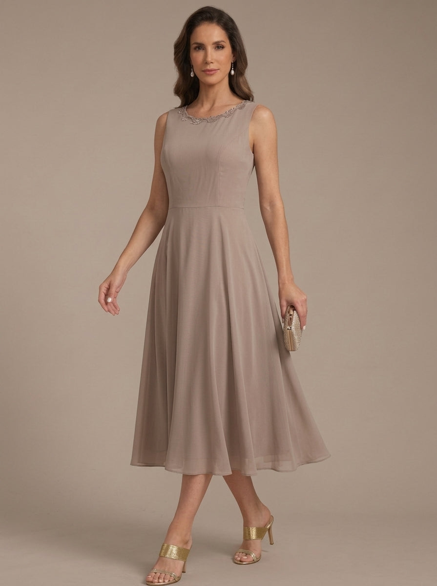 A Line Princess Scoop Chiffon Mother Of The Bride Dresses With Lace Jacket 3 4 Sleeves Tea Length