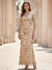 Sheath Column Scoop Sequins Lace Mother Of The Bride Dresses 3 4 Sleeves Floral Ankle Length