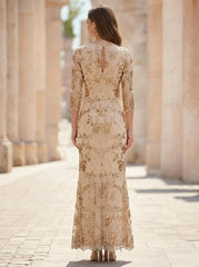 Sheath Column Scoop Sequins Lace Mother Of The Bride Dresses 3 4 Sleeves Floral Ankle Length