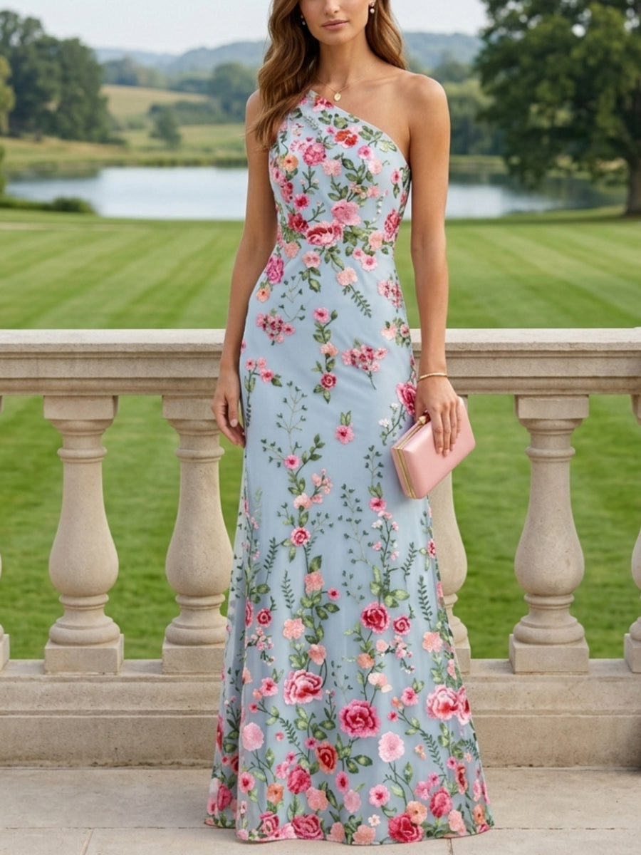 Sheath Column One Shoulder Lace Embroidery Mother Of The Bride Dresses Sleeveless Floral Floor Length