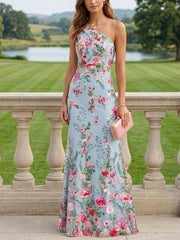 Sheath Column One Shoulder Lace Embroidery Mother Of The Bride Dresses Sleeveless Floral Floor Length