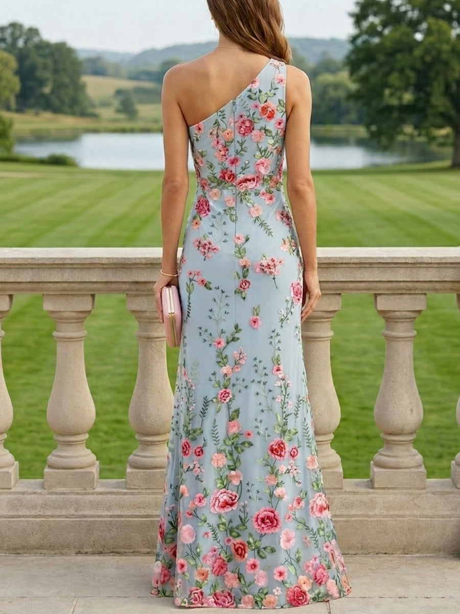 Sheath Column One Shoulder Lace Embroidery Mother Of The Bride Dresses Sleeveless Floral Floor Length