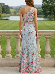 Sheath Column One Shoulder Lace Embroidery Mother Of The Bride Dresses Sleeveless Floral Floor Length