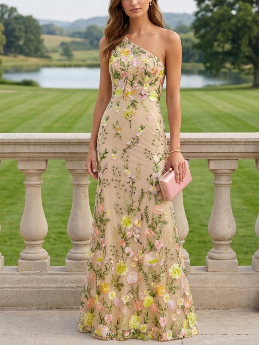 Sheath Column One Shoulder Lace Embroidery Mother Of The Bride Dresses Sleeveless Floral Floor Length