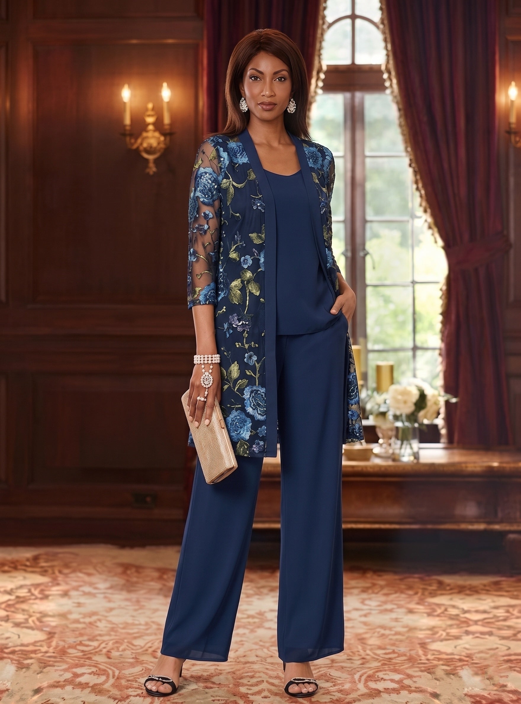 3 Pieces Suit Scoop Chiffon Mother Of The Bride Pantsuits With Jacket Floral 3 4 Sleeves Ankle Length