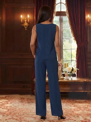 3 Pieces Suit Scoop Chiffon Mother Of The Bride Pantsuits With Jacket Floral 3 4 Sleeves Ankle Length