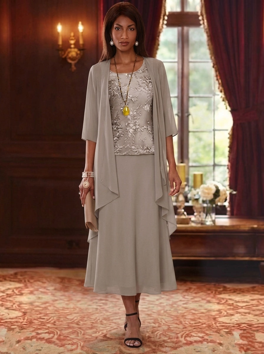 2 Pieces A Line Princess Scoop Chiffon Mother Of The Bride Dresses With Jacket 3 4 Sleeves Tea Length Lace