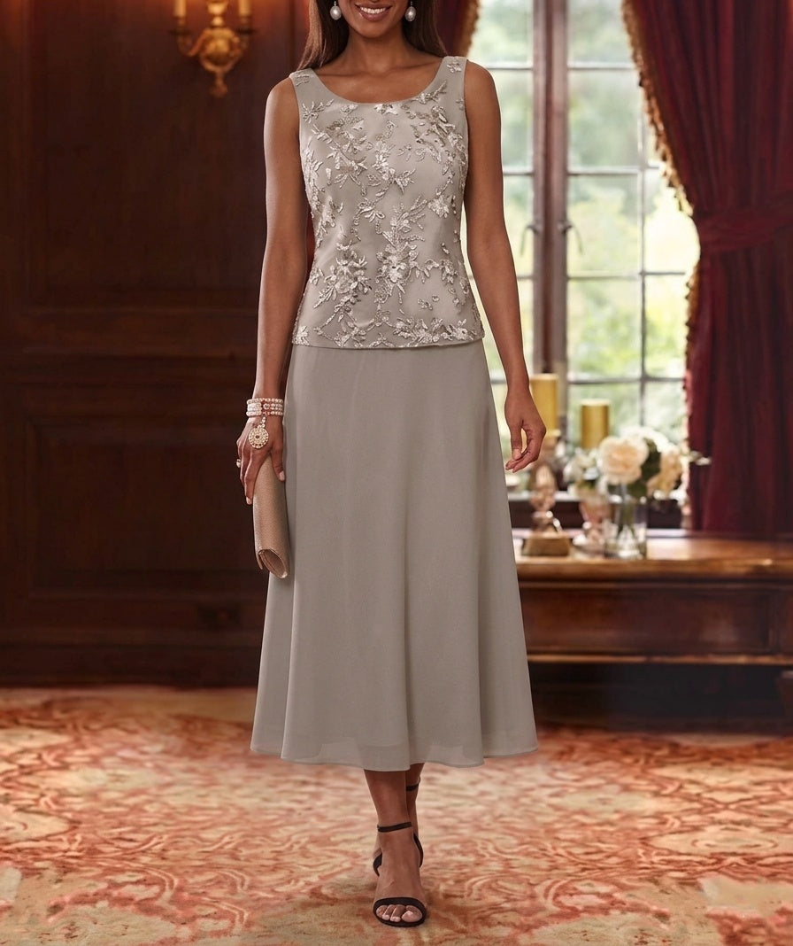 2 Pieces A Line Princess Scoop Chiffon Mother Of The Bride Dresses With Jacket 3 4 Sleeves Tea Length Lace