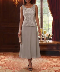 2 Pieces A Line Princess Scoop Chiffon Mother Of The Bride Dresses With Jacket 3 4 Sleeves Tea Length Lace